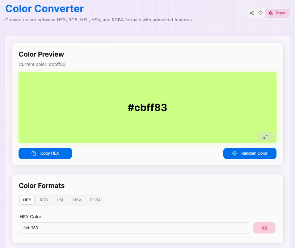Color Converter interface showing multi-format inputs and color preview