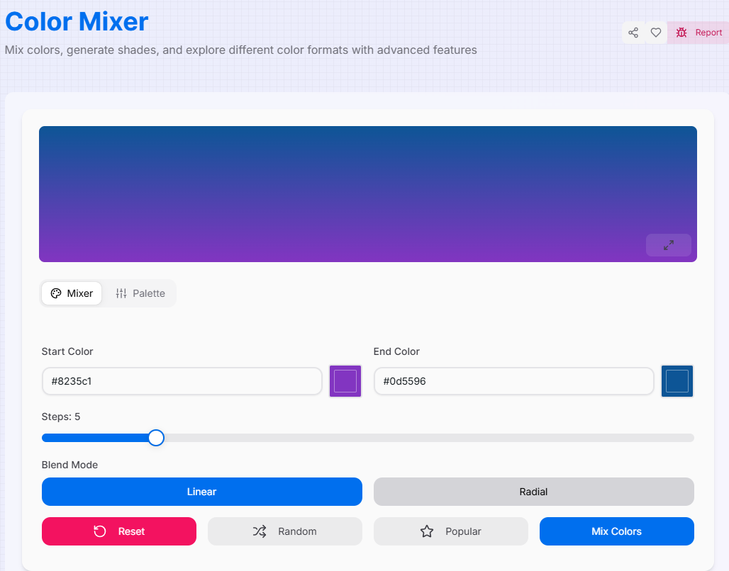 Color Mixer Interface Preview showing color inputs, gradient preview, and generated palette