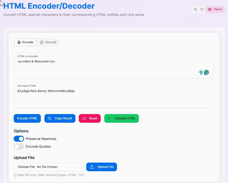 HTML Encoder/Decoder Interface Preview