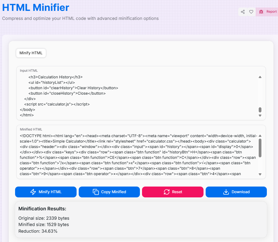 HTML Minifier Interface Preview