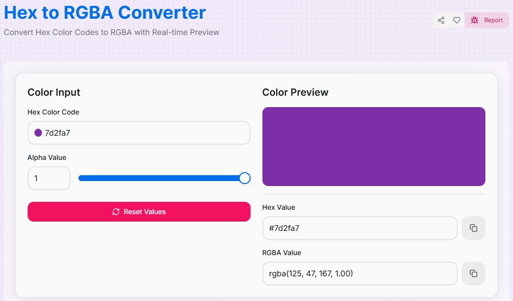 Hex to RGBA Converter Interface Preview showing hex input and alpha controls