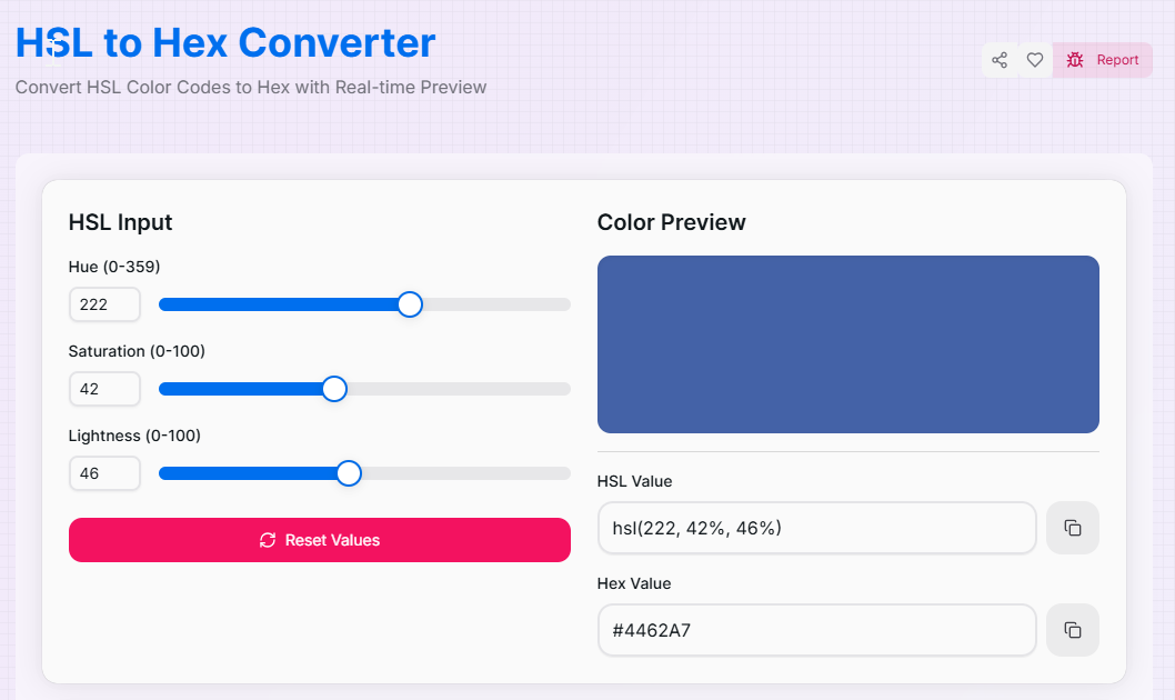 HSL to Hex Converter interface showing HSL sliders and hexadecimal output