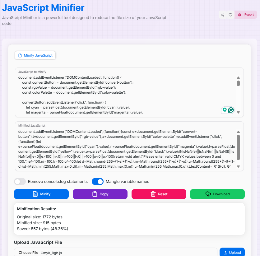 JavaScript Minifier Interface Preview