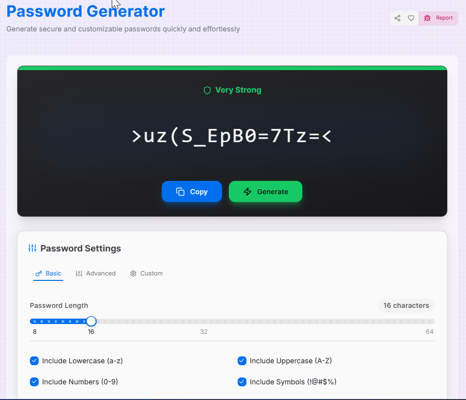 Screenshot of the Advanced Password Generator interface showing various generation options