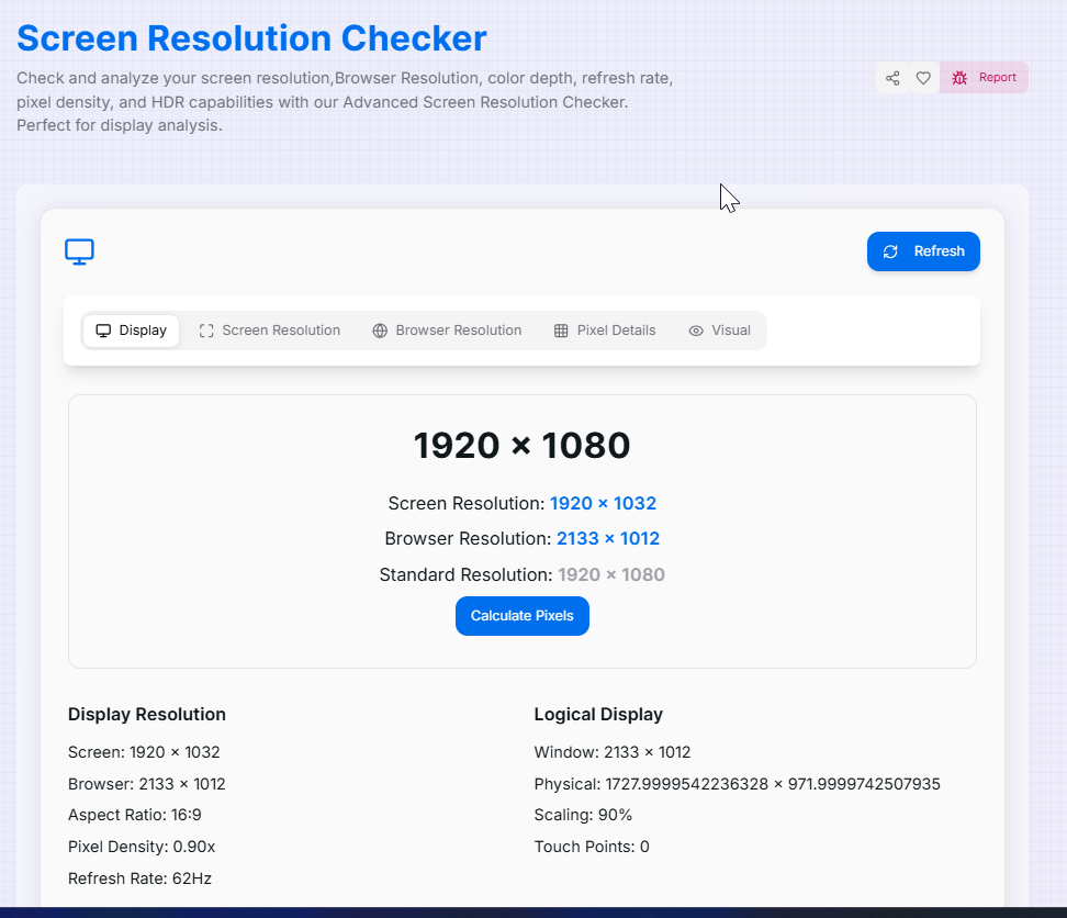 Screen Resolution Checker interface showing display capabilities and technical specs