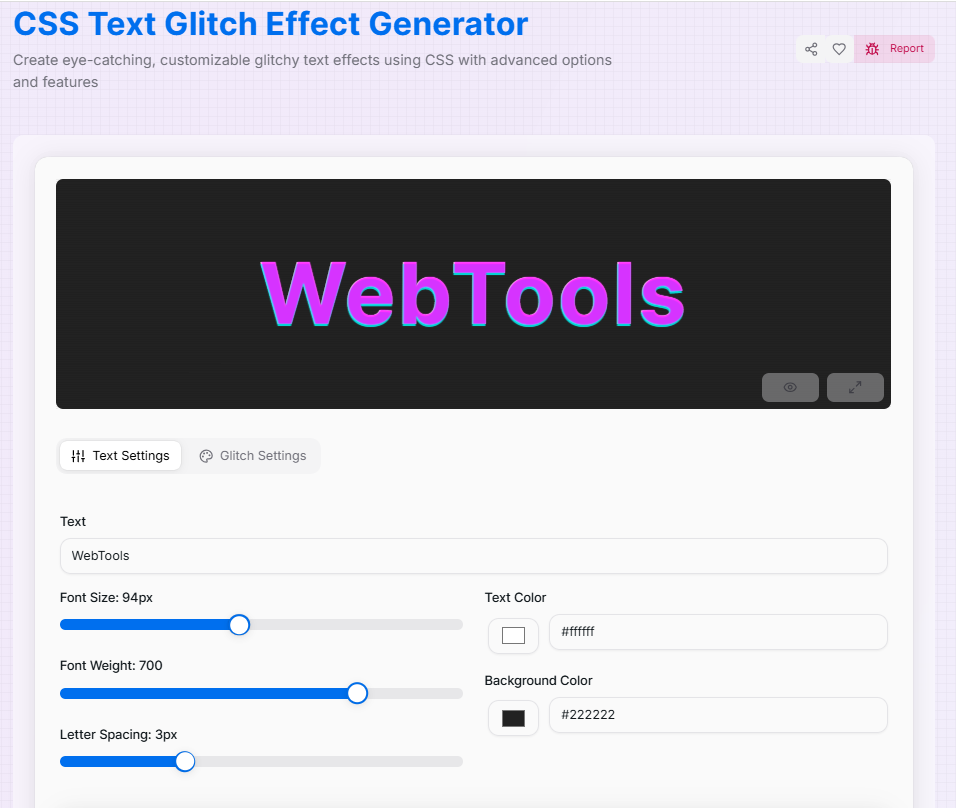 CSS Text Glitch Effect Generator Interface Preview