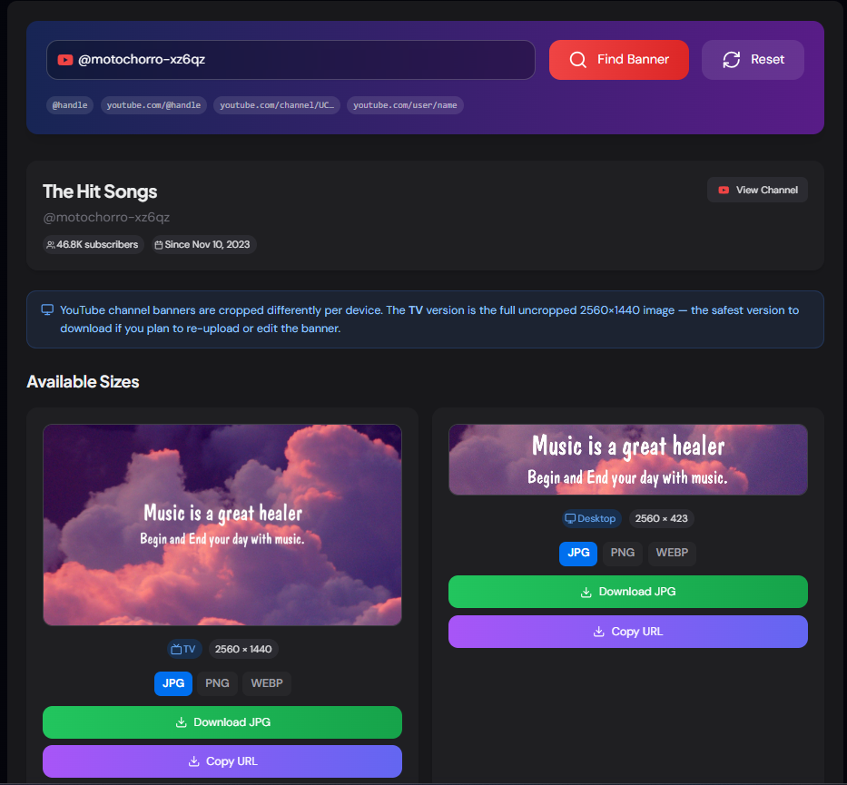 YouTube Banner Downloader showing channel art in four device sizes