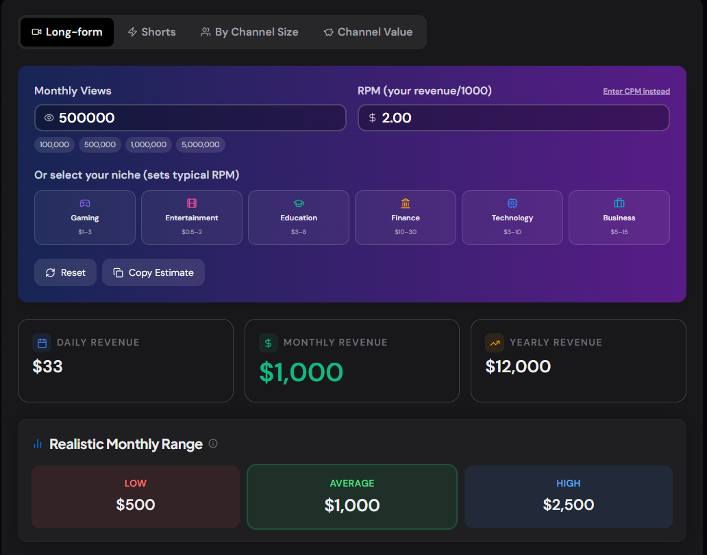 YouTube Earnings Calculator showing revenue estimates and niche presets
