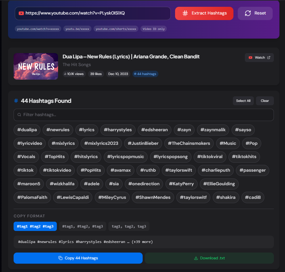YouTube Hashtag Extractor showing extracted hashtags with copy and download options