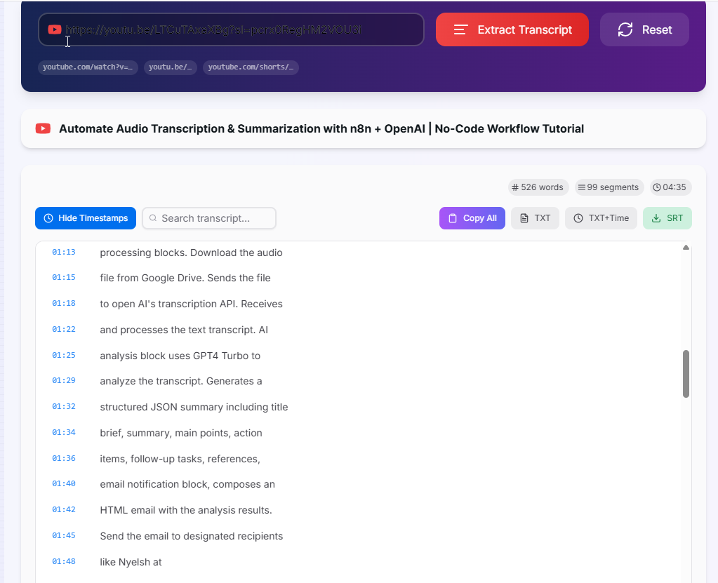 YouTube Transcript Extractor showing extracted transcript with timestamps and download options